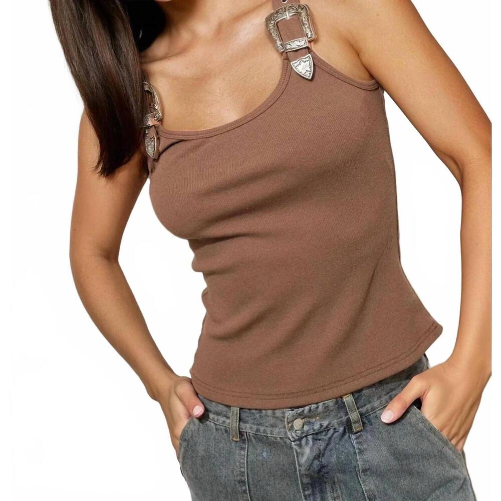 NEW PRETTY GARBAGE buckle tank top in khaki